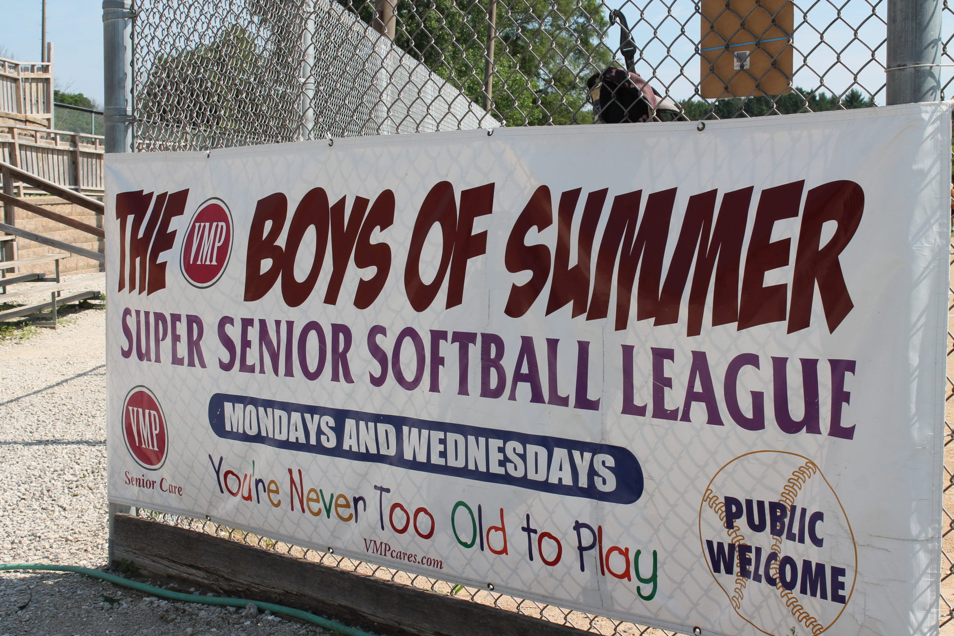 The VMP boys of summer senior softball league banner.