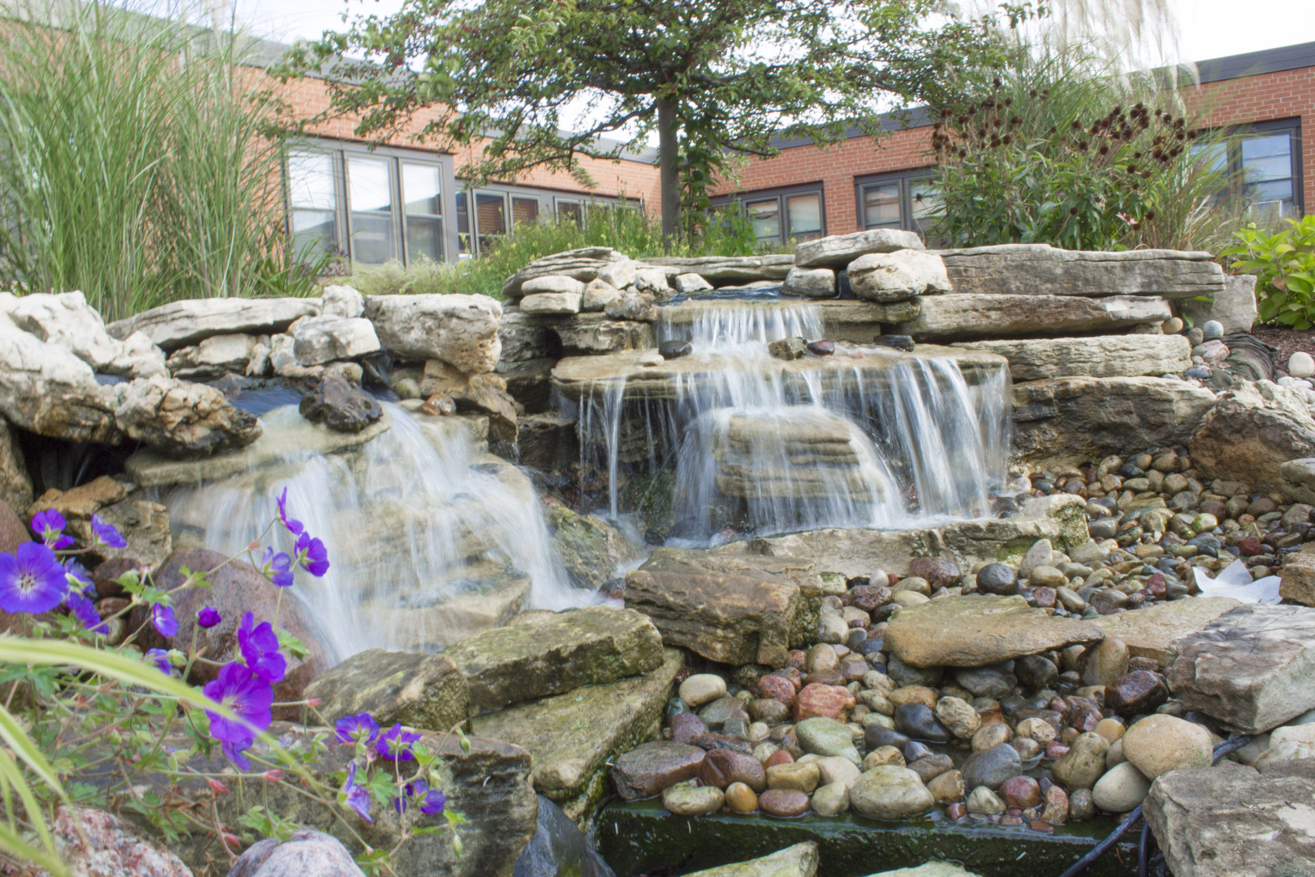 Garden waterfall outside VMP Healthcare & Community Living West Allis