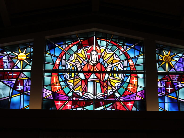 Image of VMP Healthcare & Community Living stained glass. Located in our Chapel.