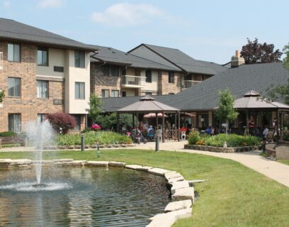 VMP Boardwalk Garden fountain and sitting area with gazebos