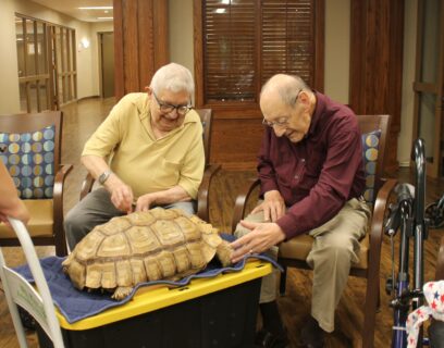 VMP Senior Community Club - two old men touching a tortoise